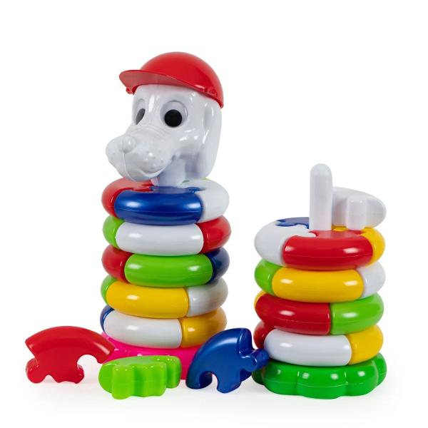 Piramida Puzzle catelus este o jucarie educativa care imbina piramida clasica cu elemente de puzzle Inelele colorate sunt formate din piese ce trebuie imbinate corect ajutand copilul sa isi dezvolte gandirea logica atentia motricitatea fina si coordonarea miscarilor &Icirc;n partea superioara se afla un catelus simpatic cu sapca care face jocul si mai atractiv Piramida este alcatuita dintr-o baza stabila 5 inele tip puzzle si un cap de catelus in partea superioara Fabricata din 