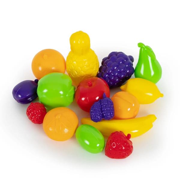 Setul &bdquo;Fructe&rdquo; este o jucarie educativa colorata care ii ajuta pe copii sa descopere diferite fructe sa invete denumirile culorile si formele acestora Este completarea perfecta pentru bucataria de jucarie magazinul sau restaurantul copiilor si pentru jocurile de rol Setul contine 15 fructe din plastic cu aspect realist ananas banana lamaie piersica zmeura capsuna mar para kiwi portocala caisa mandarina struguri dud si pruna Toate piesele sunt fabricate 