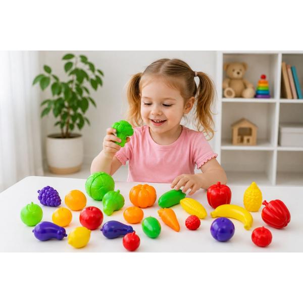 Setul &bdquoLegume si fructe&rdquo este o jucarie educativa colorata care ii ajuta pe copii sa descopere diferite legume si fructe sa invete denumirile culorile si formele acestora Este completarea perfecta pentru bucataria de jucarie magazinul sau restaurantul copiilor si pentru jocurile de rol Setul contine 26 de produse din plastic cu aspect realist 11 legume si 15 fructe Toate piesele sunt fabricate din plastic rezistent si sigur avand dimensiuni potrivite pentru mainile 