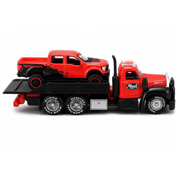 Set Elite Transport Camion Transportator si Masinuta Metalica scara 1 la 64 conceput pentru colectionari si pasionatii de vehicule clasice dar si pentru copii care apreciaza jocul realist Include un camion de tractare si un autoturism ambele realizate din metal cu elemente din plastic pentru un echilibru optim intre rezistenta si detaliu Modelul impresioneaza prin finisaje atent realizate detalii autentice si elemente functionale care reproduc fidel scenarii reale de transport si 