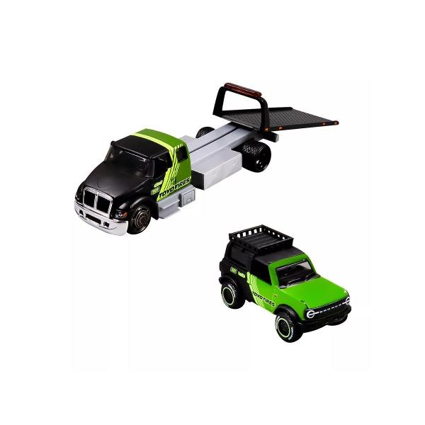 Set Elite Transport Camion Transportator si Masinuta Metalica scara 1 la 64 conceput pentru colectionari si pasionatii de vehicule clasice dar si pentru copii care apreciaza jocul realist Include un camion de tractare si un autoturism ambele realizate din metal cu elemente din plastic pentru un echilibru optim intre rezistenta si detaliu Modelul impresioneaza prin finisaje atent realizate detalii autentice si elemente functionale care reproduc fidel scenarii reale de transport si 