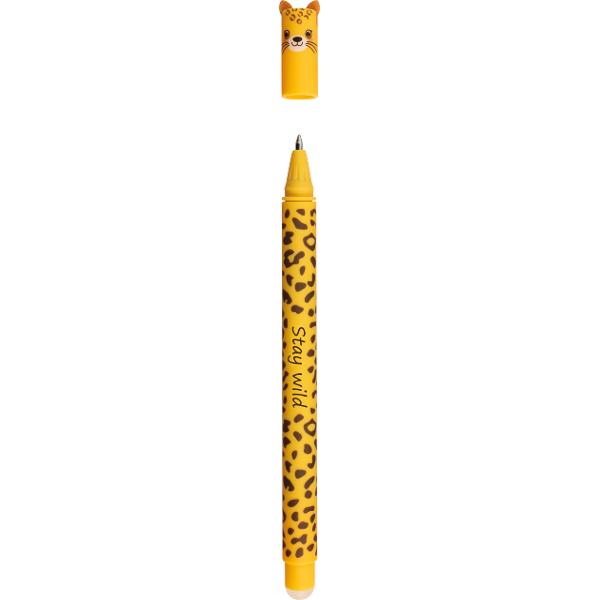 Rollerul cu gel &bdquo;Animal erase it&rdquo; motiv leopard functioneaza cu cerneala albastra speciala termosensibila ce se sterge prin frecarea cu capatul celalalt al rollerului Grosimea liniei de scriere e de 07 mm A nu se utiliza pe documente legale La temperaturi mai mari de  60&deg;C cerneala dispare