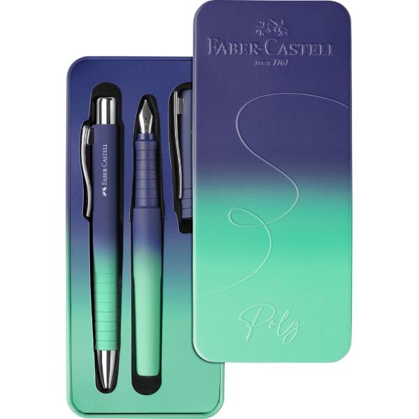 Set cadou ce contine un stilou si un pix Poly Faber-Castell gama Flow Forma ergonomica triunghiulara Grip placut la atingere cu textura anti-alunecare Clip rezistent varf si buton din metal Rezerva de mare capacitate XB albastra Corp si componente din plastic reciclat Varf stilou tip M Penita din otel inoxidabil Culoare albastru-turcoaz cu efect gradient