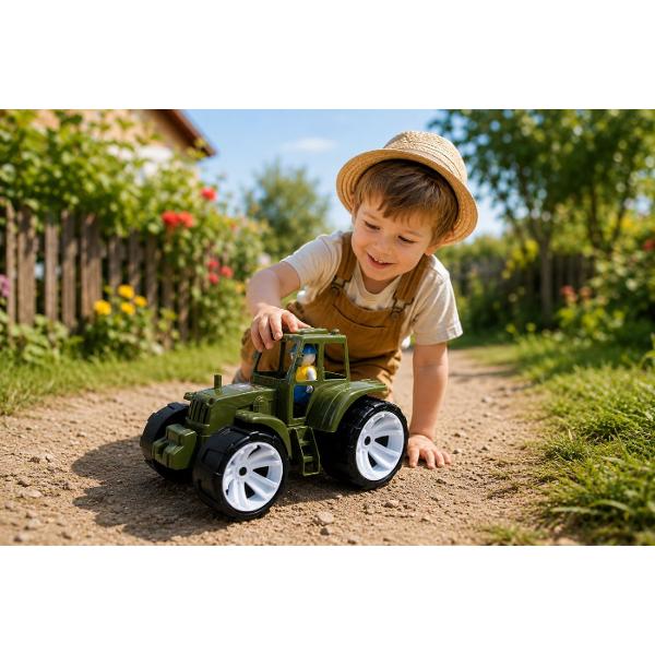 Tractorul pentru copii BAMS 0 in culoare militara este un cadou excelent pentru micii pasionati de utilaje agricole si vehicule speciale Jucaria este echipata cu roti mari care asigura o deplasare usoara pe diferite suprafete o cabina deschisa si o figurina detasabila a soferului oferind o experienta de joaca mai realista si mai captivanta &Icircn partea din spate tractorul este prevazut cu un carlig de remorcare pentru atasarea unei remorci extinzand astfel posibilitatile de joaca 