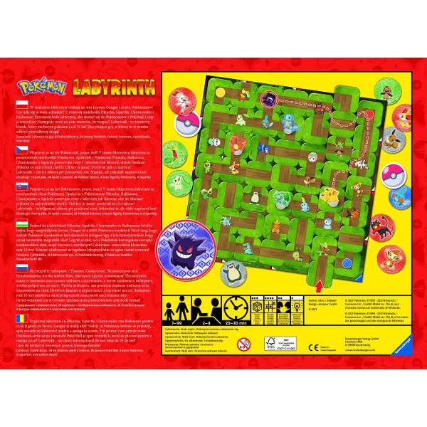 Jocul Pokemon Labirint ii provoaca pe jucatori sa exploreze un labirint aflat in continua schimbare pentru a gasi personajele Pokemon preferate La fiecare tura o piesa este introdusa pe tabla pentru a deplasa culoarele si a crea un traseu nou dupa care jucatorul isi muta pionul spre obiectivul dorit Jocul dezvolta gandirea strategica atentia si capacitatea de planificare oferind de fiecare data o experienta diferita Potrivit pentru 2-4 jucatori cu varsta intre 7 si 99 de ani Durata 