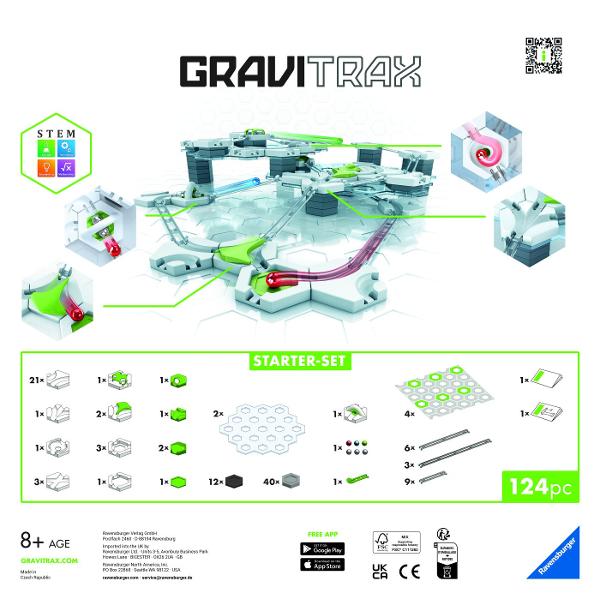 GraviTrax Starter este un set plin de actiune creativitate si posibilitati nelimitate de constructie GraviTrax este un sistem interactiv de piste pentru bile care permite crearea unor constructii spectaculoase si observarea modului fascinant in care actioneaza gravitatia in practica Setul ofera posibilitatea de a proiecta piste pe mai multe niveluri de a experimenta cu viteza directia miscarii si diverse efecte speciale Datorita elementelor variate pot fi construite atat trasee simple 