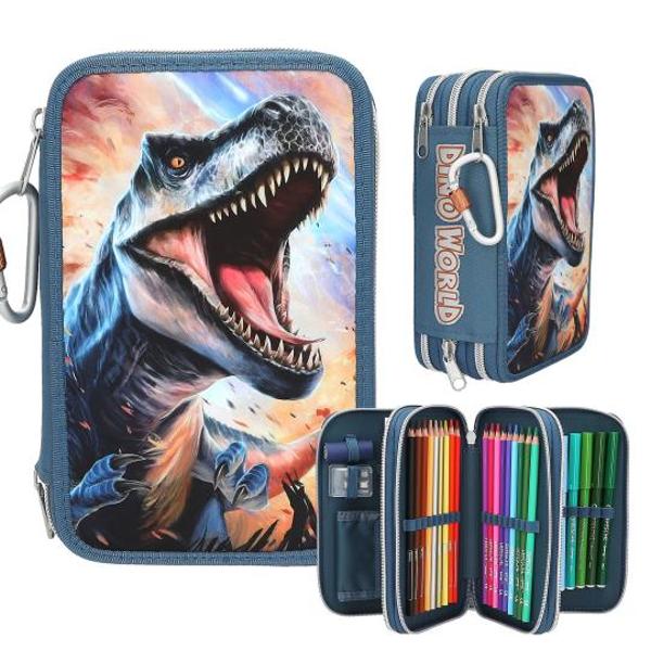 Penar albastru cu 3 compartimente &537;i motiv T-Rex pe fa&539;&259;Complet plin cu pixuri creioane &537;i multe alteleMaterial principal 100 poliesterPenarul albastru de la Dino World cu motivul super T-Rex pe un fundal cu flac&259;r&259; ro&537;ie este fantastic Unul dintre fermoare are o carabin&259; 