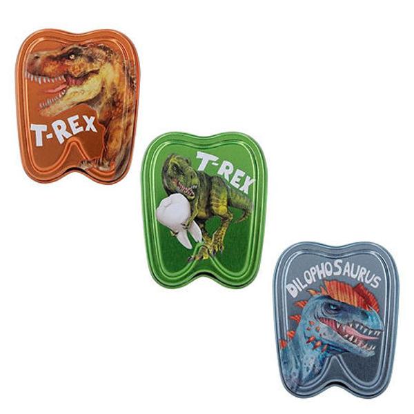 Micile cutii de metal In forma de dinti de la Dino World stralucesc In culori grozave si au motive super cool de dinozauri imprimate pe capac si In interiorul cutiei Pentru depozitarea dintilor de lapte sau a altor lucruri mici Disponibil In portocaliu verde si albastruPret per bucata Nu se poate alege modelul