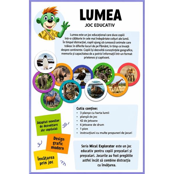 Joc Educativ Lumea Micul Explorator Descopera lumea intr-un mod interactiv si captivant cu acest joc educativ conceput pentru a dezvolta curiozitatea si cunostintele generale ale copilului Prin activitati de asociere si explorare copilul invata despre continente animale culturi si elemente specifice fiecarei regiuni intr-un mod simplu si intuitiv Piesele sunt viu colorate si usor de manevrat contribuind la dezvoltarea coordonarii mana-ochi si a gandirii logice Jocul incurajeaza 