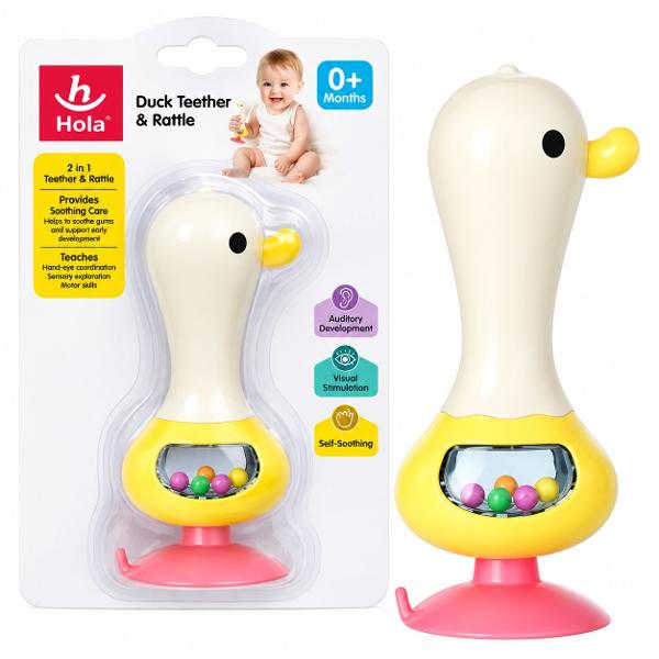 Jucarie Bebe Cu Ventuza Si Zornaitoare Ratusca este o jucarie interactiva 2 in 1 conceputa pentru stimularea simturilor si dezvoltarea timpurie a bebelusului Jucaria are un design vesel in forma de ratusca si este prevazuta cu o ventuza la baza care permite fixarea pe suprafete netede precum masa sau tavita scaunului de masa Compartimentul transparent contine bilute colorate care se misca si produc sunete atunci cand jucaria este agitata sau miscata stimuland atentia vizuala si auditiva 