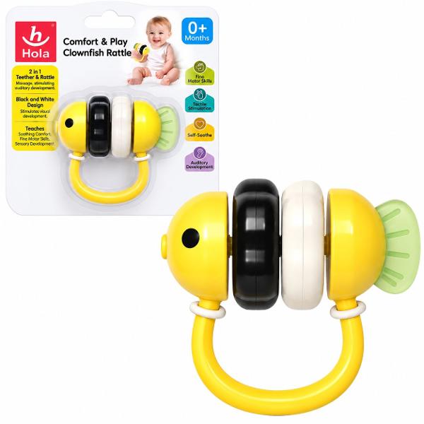 Jucaria pentru bebelusi in forma de peste clovn este conceputa pentru stimularea simturilor si dezvoltarea abilitatilor motorii inca din primele luni de viata Designul colorat cu elemente galbene alb-negru si suprafete cu texturi diferite contribuie la stimularea vizuala si tactila iar miscarea pieselor produce sunete de zornaitoare care incurajeaza dezvoltarea auditiva Manerul mare si rotunjit este usor de prins de manutele mici ajutand la exersarea coordonarii si a motricitatii fine 