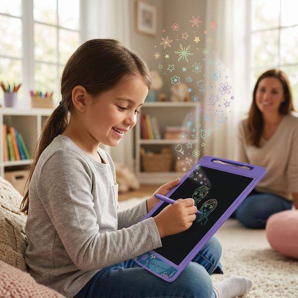 Tabla de desen LCD Disney Frozen este accesoriul ideal pentru copiii pasionati de desen si de indragitele personaje din lumea Frozen Ecranul LCD permite realizarea desenelor schitelor mesajelor si modelelor colorate cu ajutorul stiloului inclus fara a fi necesare hartie creioane sau carioci Continutul ecranului poate fi sters rapid prin apasarea butonului dedicat astfel incat copilul sa poata incepe imediat o noua creatie Setul include un stilou si 2 foi cu sabloane tematice care ii 