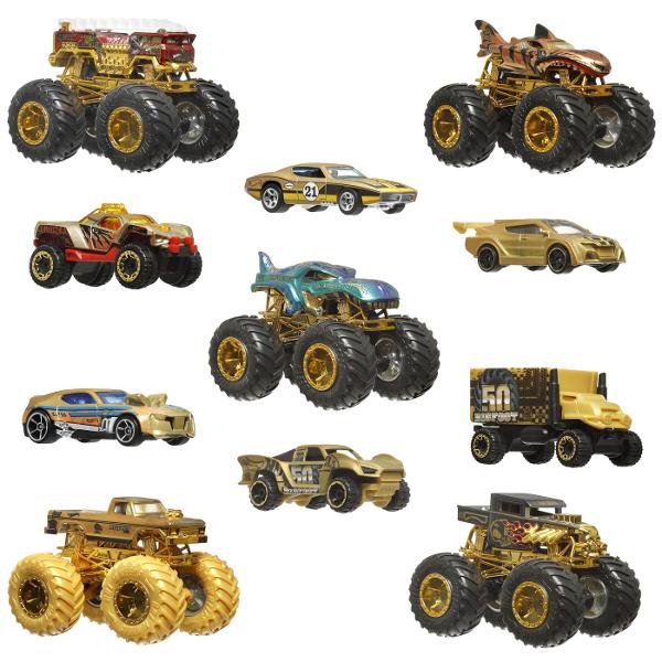 Intra in arena campionilor cu setul Hot Wheels Monster Trucks Trophy Champions Acest pachet spectaculos contine 11 vehicule exclusive printre care 5 monster truck impunatori si 6 masini Hot Wheels cu design metalic premium Detaliile aurii si rotile masive transforma fiecare camion intr-o adevarata piesa de colectie perfecta pentru curse epice si cascadorii uimitoare Inspirat de legendarul Bigfoot acest set aduce impreuna puterea stilul si performanta intr-o editie de colectie 