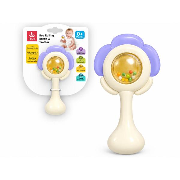 Jucarie Bebe Zornaitoare Floare este conceputa pentru primele luni de viata ale bebelusului avand o forma usor de tinut in mana si un design atractiv in forma de floare Partea centrala transparenta contine bilute colorate care se misca si produc sunete atunci cand jucaria este agitata stimuland atentia vizuala si auditiva a copilului Culorile contrastante forma rotunjita si manerul ergonomic incurajeaza explorarea prin atingere si contribuie la dezvoltarea coordonarii mana-ochi si a 