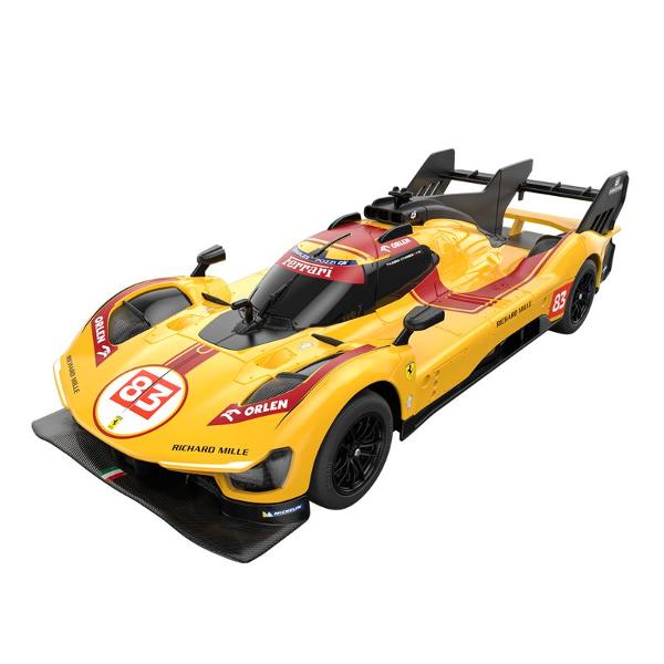 Copilul dumneavoastra se poate juca in voie cu masina cu telecomanda Ferarri  499P N83 GALBEN scara 1 la 24 oferita de brandul international Rastar Nicio cursa nu este imposibil de castigat cu acesta masinuta replica oficiala cu licenta a modelului original construita cu mare atentie la detalii Masinuta are proportiile ideale pentru momente pline de distractie si amuzament avand dimensiunile in centimetri dupa cum urmeaza  199553Masinuta functioneaza pe frecventa de 24GAlimentarea 