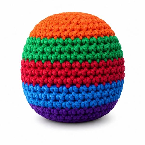 Wacky Kicks este o minge tricotata viu colorata conceputa pentru joaca senzoriala si activitati interactive Suprafata texturata ofera o senzatie placuta la atingere si stimuleaza explorarea tactila iar forma compacta permite prinderea si manevrarea cu usurinta Mingea poate fi folosita pentru exercitii de aruncare prindere si coordonare mana-ochi contribuind la dezvoltarea motricitatii si a dexteritatii Designul multicolor si textura impletita transforma produsul intr-o jucarie 