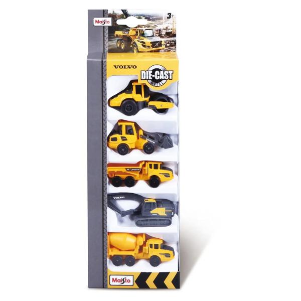 Acest set contine 5 mini vehicule de constructie Volvo ideale pentru joaca si colectionare Vehiculele sunt realizate din metal turnat sub presiune die-cast cu componente din plastic oferind un echilibru intre durabilitate si detalii realiste Vehiculele sunt vopsite in culorile galben si gri specifice marcii Volvo oferind un aspect autentic Fiecare vehicul are parti mobile adaugand un plus de realism si interactivitate in timpul jocului Rotile vehiculelor se rotesc liber permitand 