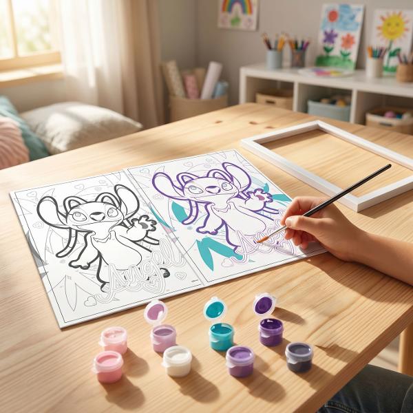 Happi Hobbi Pictura pe Numere Angel este un set creativ ideal pentru copiii care iubesc activitatile artistice si personajele Disney Folosind tehnica picturii dupa numere cei mici pot realiza cu usurinta o imagine frumoasa cu Angel colorand fiecare zona in functie de numarul corespunzator Setul include o plansa pretiparita impartita in zone numerotate iar fiecare numar corespunde unei anumite culori Copilul urmareste indicatiile si aplica vopseaua potrivita in fiecare spatiu pas cu pas 