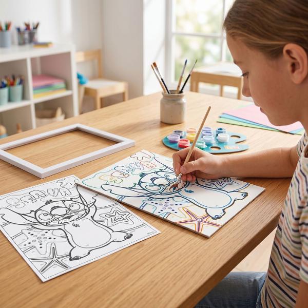 Happi Hobbi Pictura pe Numere Stitch este un set creativ ideal pentru copiii care iubesc activitatile artistice si indragitul personaj Disney Stitch Bazat pe tehnica de colorare dupa numere acest set ii ajuta pe cei mici sa realizeze pas cu pas o imagine frumoasa invatand sa picteze cu atentie rabdare si precizie Fiecare zona a imaginii este marcata cu un numar care corespunde unei anumite culori astfel incat copilul poate colora usor fiecare spatiu urmand indicatiile Aceasta metoda 