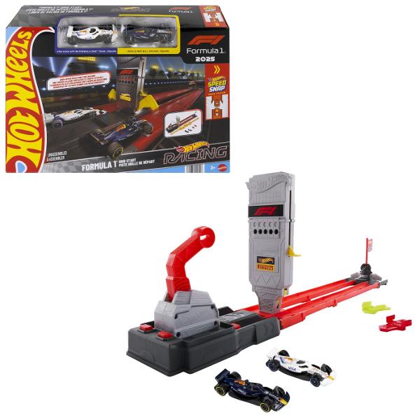 Circuitul de curse Hot Wheels Racing Grid Start Formula 1 2025 aduce emotia curselor de Formula 1 in universul Hot Wheels Setul permite copiilor sa organizeze curse rapide si competitii de reactie lansand simultan cele doua masinute incluse pe pista pentru a vedea cine ajunge primul la final Circuitul este inspirat de grila de start Formula 1 si include elemente tematice F1 precum turnul de start pista de curse si sistemul Hot Wheels Speed Snap conceput pentru o asamblare rapida si usoara 