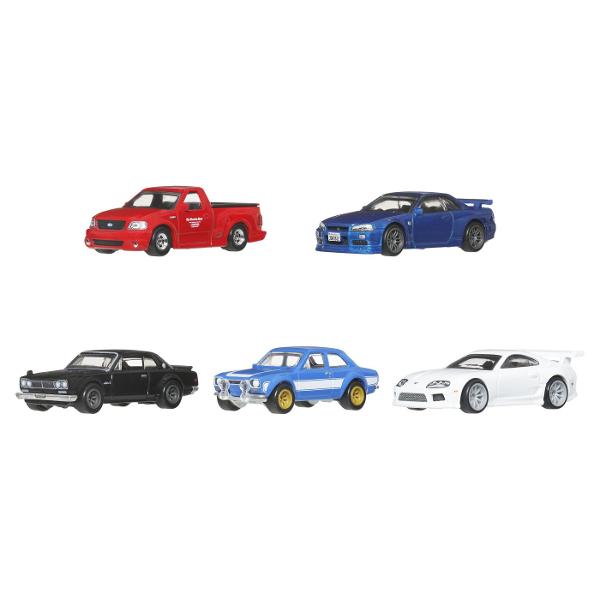 Setul Hot Wheels Premium Fast and Furious aduce impreuna 5 masini emblematice inspirate din celebra franciza cinematografica Fast &amp Furious si asociate personajului Brian O&39Conner Fiecare model este realizat la scara 164 si beneficiaza de finisaje premium detalii atent reproduse si design inspirat de automobilele aparute in filme Setul include 5 masini metalice Ford F-150 SVT Lightning 1999 Ford Escort RS1600 1970 Nissan Skyline GT-R V-Spec II BNR34 Nissan Skyline HT 2000 