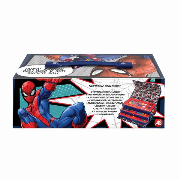 Set creativ de colorat in valiza inspirat din universul Spider-Man ideal pentru activitati artistice si distractie acasa sau in deplasare Valiza este prevazuta cu maner fiind usor de transportat si perfecta pentru organizarea accesoriilor Setul include aproximativ 50 de piese precum creioane colorate carioci instrumente de desen si alte accesorii necesare pentru colorat si creatie Copiii pot explora imaginatia si pot crea propriile desene inspirate de personajele preferate Designul 