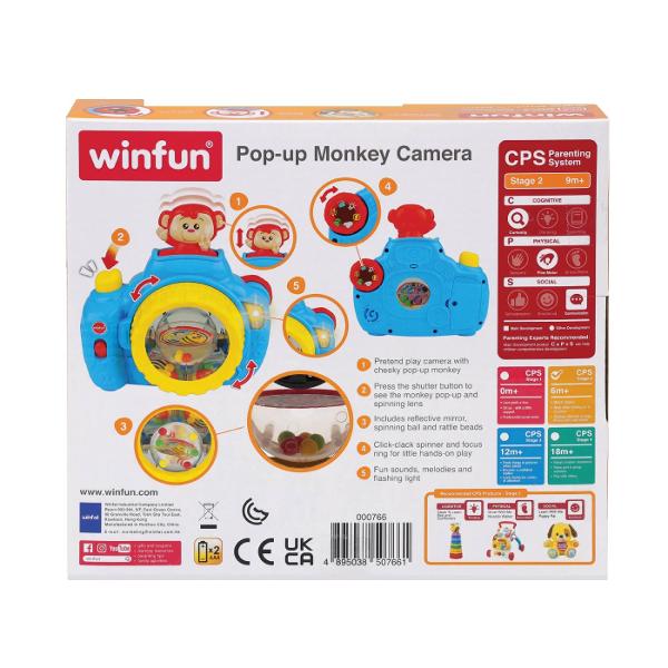 Winfun Jucarie Camera Foto Maimutica este o jucarie interactiva de rol conceputa pentru cei mici care transforma joaca de-a fotograful intr-o experienta distractiva plina de sunete lumini si elemente mobile Apasa butonul declansator si maimutica vesela apare prin surprindere in timp ce obiectivul se roteste Jucaria include o oglinda reflectorizanta o bila rotativa si margele tip zornaitoare care stimuleaza curiozitatea si explorarea senzoriala Camera este prevazuta si cu elemente 