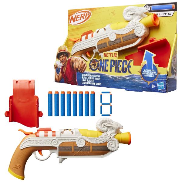Nerf Blaster Elite One Piece Going Merry este o jucarie de actiune inspirata din universul One Piece ideala pentru copiii si fanii seriei care vor sa adauge aventurilor lor un accesoriu spectaculos Blasterul are un design special inspirat de corabia Going Merry cu detalii decorative care il fac usor de remarcat si potrivit pentru jocuri de rol pline de imaginatie Modelul este usor de manevrat si este conceput pentru distractie activa atat in interior cat si in aer liber Setul include si 