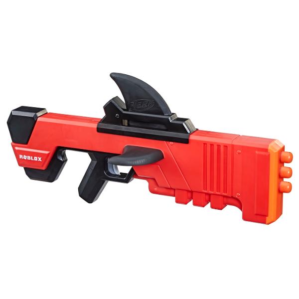 Acest blaster Nerf Roblox MM2 Shark Seeker este inspirat de jocul Roblox MM2 Include un cod special care iti permite sa rascumperi un articol virtual exclusiv pe Roblox Blasterul are un design extraordinar care aminteste de un rechin si include o aripioara pe care o misti pentru a arma blasterul Include 3 sageti Nerf Mega din spuma Pentru a incepe sa tragi incarca cele 3 sageti in partea din fata a blasterului misca aripioarele inainte si inapoi si apasa tragaciul pentru a lansa 1 