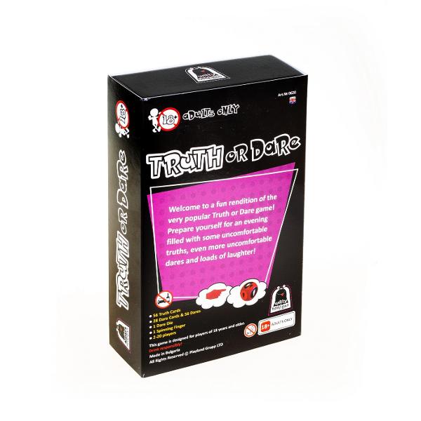 Adevar sau Provocare este un joc pentru adultii peste 18 ani din seria Witty Hooligan &Icircn ea va trebui sa alegeti intre a va impartasi secretele cu alti jucatori sau a efectua una dintre provocarile cartilor Pachetul contine 84 de carti1 zar 1 sageata Jocul se poate juca in 2-20 jucatori