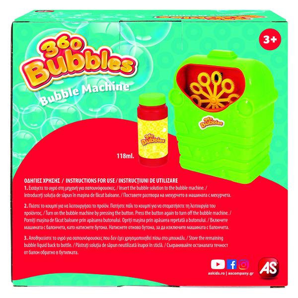 Masina pentru bule de sapun 360 Bubbles Fa mii de bule in doar cateva secunde Doar adauga lichidul pentru bule de sapun apasa butonul sivezi cum ies nenumarate bule de sapun Produsul include un borcanas de 118ml cu lichid pentru bule de sapunFunctioneaza cu 3 baterii AA nu sunt incluse Disponibil in 2 culori diferite Varsta recomandata 3