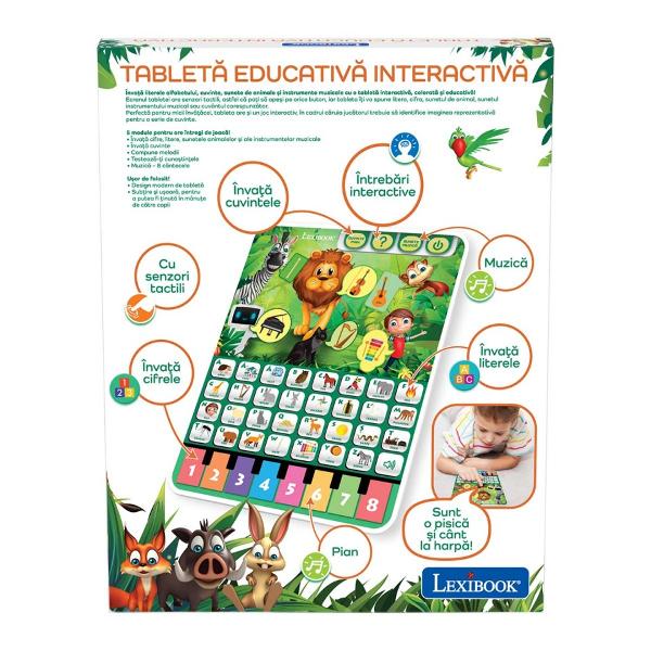 Invata literele alfabetului cuvinte sunete de animale si instrumente muzicale cu o tableta interactiva colorata si educativaEcranul tabletei are senzori tactili astfel ca poti sa apesi pe orice buton iar tableta iti va spune litera cifra sunetul de animal sunetul instrumentului muzical sau cuvantul corespunzatorPerfecta pentru micii invattacei tableta are si un joc interactiv in cadrul caruia jucatorul trebuie sa identifice imaginea reprezentativa pentru o serie de 