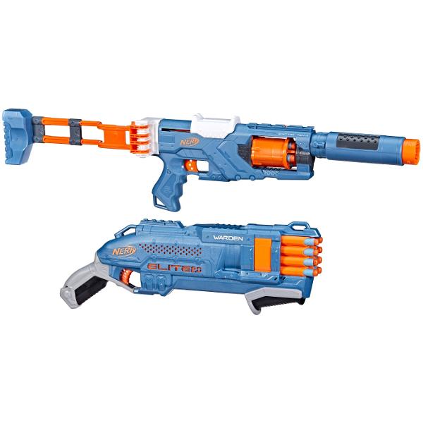 Acest pachet cu 2 blastere este o modalitate excelenta de a incepe sau de a construi colectia ta Nerf Este un set cadou perfect si cu 2 blastere batalia poate incepe imediat din cutie Creeaza 6 stiluri diferite de blaster cu blasterul Spectre Rev-5 Are un cilindru rotativ cu 5 sageti prelungire a tevii detasabila material pliabil detasabil si sina tactica Acest set impresionant Nerf Elite 20 include blasterul Spectre Rev-5 blasterul Warden DB-8 si 40 de sageti cu spuma Nerf Elite 