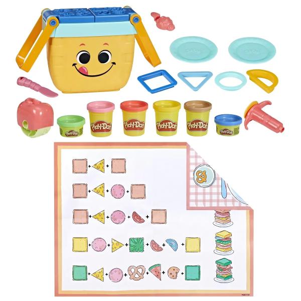 Ploaie sau soare setul de inceput Picnic Shapes este un set de picnic perfect pentru copii pentru oricand Vine cu 12 instrumente de pornire 6 culori Play-Doh si un cos de picnic de jucarie care depoziteaza instrumentele Pe masura ce copiii exploreaza forme de baza cum ar fi patrate cercuri si triunghiuri isi pot folosi imaginatia si pot stivui acele forme in sandvisuri Play-Doh Fie ca este primul lor set de start Play-Doh sau un cadou pentru copiii de 3 ani in sus lasa-i sa descopere 