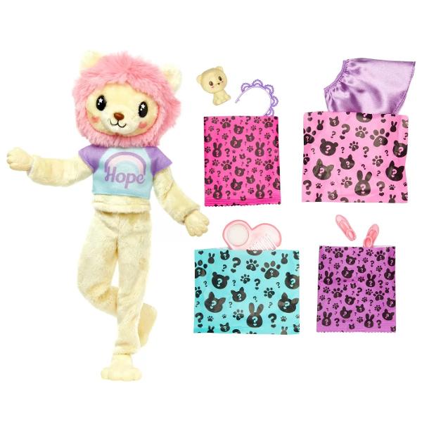 Cu 10 surprize intr-un singur pachet papusile din seria Barbie Cutie Reveal Cozy Cute Tees ofera cea mai draguta experienta de desfacere a cutiei cu prieteni animale de plus moda si distractie prin transformare Despacheteaza pentru a gasi un leu galben adorabil de plus imbracat intr-un tricou colorat cu un mesaj inspirational &quot;Speranta&quot; si care ascunde inauntru o papusa Barbie Ridica capul costumului si dezvaluie papusa Barbie pozabila cu par lung blond cu striatii 