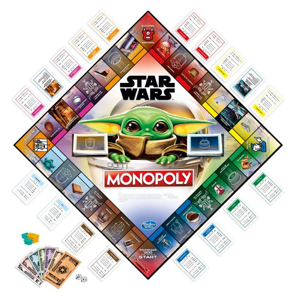 Noul Monopoly vine dintr-o galaxie indepartata si aduce pe tabla de joc aventura din serialul The Mandalorian a personajului The Child popular numit de catre fani Baby Yoda Acest joc aduce spiritul Monopoly adaptat aventurilor incredibile intergalactice Tabla de joc il arata pe iubitul personaj iar cartile Sansa si Cufarul Comunitatii sunt inspirate din serial Forta fie cu tine Castiga ultimul jucator ramas in joc Se poate juca intre 2 si 6 jucatori