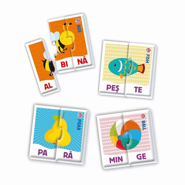Silabele este un joc educativ si distractiv special conceput pentru copiii de la 3 ani Alcatuit din piese de puzzle cu sistem de autocorectie jocul ii ajuta pe copii sa invete denumirile obiectelor si animalelor incepand prin silabisirea cuvintelor Prin intermediul cuvintelor simple copilul incepe sa inteleaga mecanismele care determina modul de impartire pe silabe Jocul antreneaza abilitatea de concentrare si atentia Setul contine 60 de piese de puzzle care formeaza 24 de planse si 1 