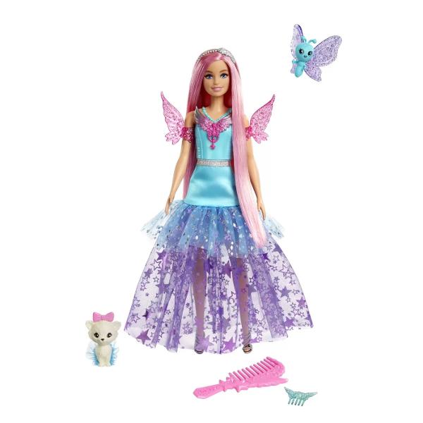 Aceasta papusa Barbie poate fi descrisa ca fiind magica doar cu parul ei lung fantastic si rochia stralucitoare Papusa Barbie poarta o tinuta stralucitoare inspirata de look-ul ei din Barbie A Touch of Magic Doua animale de companie si accesorii de styling adauga distractie fantastica si animalele ei de companie sunt fantastice Ea vine cu un prieten fluture adorabil precum si un pisoi de companie care poarta un tutu super dragut Papusa nu poate sta singura Culorile si decoratiunile 