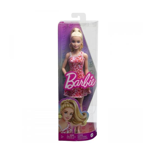 Conceputa pentru a reflecta lumea pe care o vad copiii de astazi aceasta linie diversa de Barbie Fashionistas prezinta stiluri stralucitoare si la moda care ofera posibilitati infinite de povestireAceasta papusa Barbie are parul coafat in coada cu cercei aurii si sandale  transparente cu platforma look-ul ei prezinta o multime de detalii care ii fac personalitatea sa iasa in evidentaRochia ei in forma de A este mai mult decat draguta cu un decolteu asimetric si un imprimeu floral rosu si 