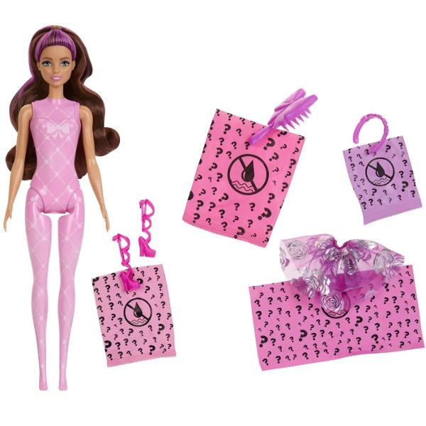 Papusile Barbie Color Reveal ofera o experienta de unboxing plina de surprize sase dintre ele Cu aceasta serie inspirata de moda de balet copiii gasesc una dintre cele patru papusi unice - fiecare are par lung cu o dunga viu colorata Ce papusa vei dezvalui Moda si accesoriile includ o fusta inspirata de balet o piesa unica pentru cap pantofi balerini cu platforma cu sireturi si o perie cu funda Include de asemenea o functie de schimbare a culorii machiajului pe fata papusii 