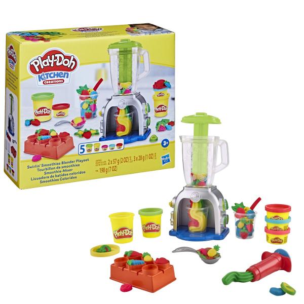 Joaca-te pe masura imaginatiei tale cu acest set de joaca Play-Doh Swirlin&39 Smoothies cu blender Acest set de joaca Play-Doh cu mancare pentru copiii cu varsta de la 3 ani in sus le permite sa creeze fructe si legume de jucarie pe care le vor introduce in blender si le vor amesteca si transforma in smoothie-uri de jucarie super colorate si cand vine vorba de decorare singura limita este imaginatia copiilor Frisca Play-Doh roz De ce nu Capsuni galbene de jucarie Desigur Broccoli 