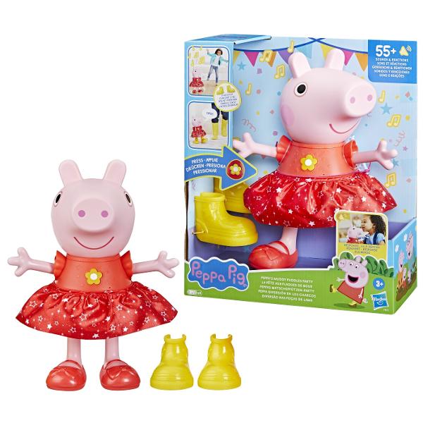 Vorbeste joaca canta danseaza si petrece alaturi de Peppa Aceasta papusa Peppa de 30 cm inaltime poarta o rochie de petrecere stralucitoare si vine cu ghete galbene detasabile care ii schimba modul in care se joaca Peste 55 de sunete fraze si reactii ofera copiilor atat de multe moduri de a se juca cu aceasta jucarie interactiva Pune-i sau scoate-i ghetele Peppei pentru a descoperi toate frazele efectele sonore melodiile si jocurile ei Cu cizmele scoase jucaria este in Modul 