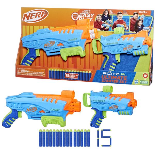 Cele 2 blastere de jucarie din acest set de pornire Nerf Elite Junior Ultimate au un design usor de jucat astfel incat copiii sa se poata bucura de jocul captivant cu sageti Nerf singuri in jocurile de interior si exteriorBlasterele din acest set sunt dimensionate pentru a se potrivi confortabil in mainile mici si au un design usor care este usor de tinut si de transportat de copiiManerele blasterului au cea mai mica forta de tragere dintre toate blasterele Nerf asa ca este usor pentru 