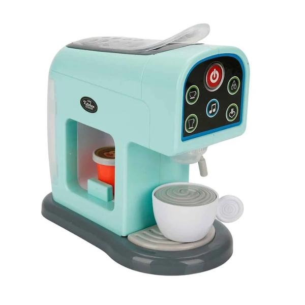 Aparatul de cafea cu capsule Little Chef este o jucarie minunata pentru micii barista in devenire Cu un design elegant si o culoare verde atractiva aceasta jucarie promite sa aduca distractie si creativitate in bucataria de jucarie a copiilorAtunci cand apasati butonul rosu aparatul de cafea intra in functiune iar lumina din sectiunea suportului pentru cesti incepe sa se aprinda Acum puteti incepe sa va pregatiti cafeauaButoanele de pe partea din fata a aparatului produc 