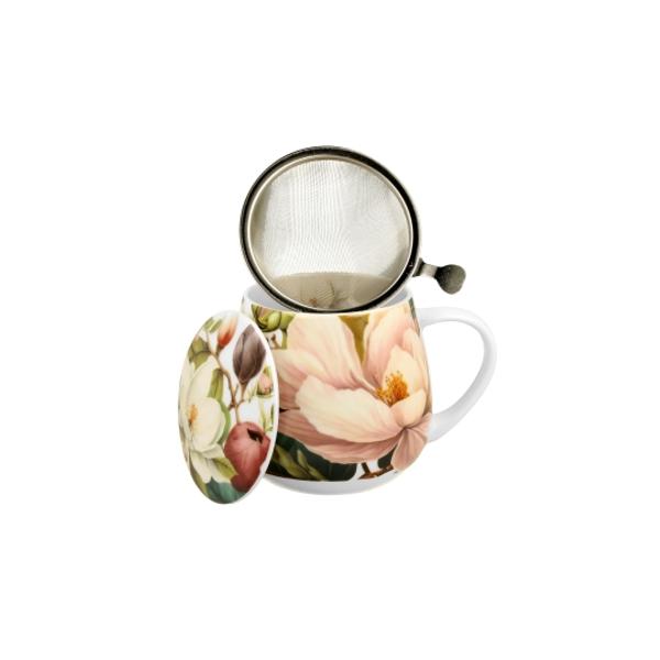 Cana cu infuzor metalic si capac MAGNOLIE  parte a colectiei Classics realizata din portelan New Bone China caracterizata printr-o culoare alb-crem eleganta si naturala cu o stralucire delicata si o durabilitate exceptionala pastrand in acelasi timp lejeritatea si delicateteaPerfect pentru prepararea ifuziilor &537;i a ceaiului aromat preferatDecorul liniei este inspirat din natura - superbe magnolii roz 