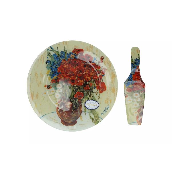 Set cu platou &537;i palet&259; pentru servire – design „Vaza cu flori de maci” de Vincent van GoghAdaug&259; un strop de art&259; &537;i elegan&539;&259; mesei tale cu acest set de servire inspirat de capodopera lui Vincent van Gogh „Vaza cu flori de maci” Platoul din sticl&259; cu un diametru generos de 30 cm este ideal pentru servirea aperitivelor deserturilor sau altor delicii 