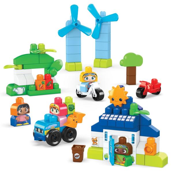 Acest kit contine 88 de blocuri mari inclusiv piese speciale 2 roti de rulare si o masina de jucarie electrica construibila cu 1 sasiu rulant realizata din materiale plastice din surse durabileCopiii mici pot construi o casa 4 figurine o masina electrica de jucarie o sera cu legume panouri solare si turbine eoliene rotativeConceput special pentru mainile mici acest kit incurajeaza micii constructori sa gandeasca verde cum ar fi energia regenerabila joaca in aer liber si consumul de 