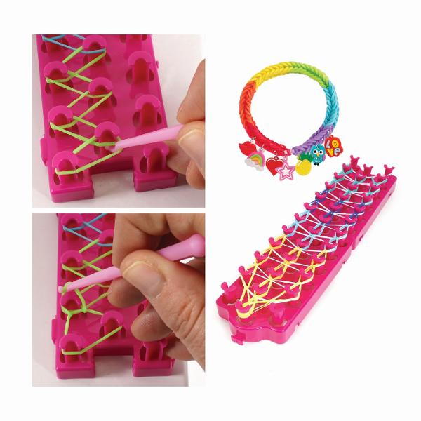 Trusa de artizanat cu razboi de tesut 800 de elastice colorate si 15 modele diferite de accesorii pentru decorare Creati bratari unice si colorate inele si alte accesorii si faceti-le si mai impresionante prin adaugarea de accesorii colorate in modele unice Perfect pentru copiii care iubesc mestesugurile si vor sa isi exprime creativitatea Include un razboi de tesut pentru a crea modele simple si mai complexe pentru mai multa implicare si mai multa distractie pentru copil                   