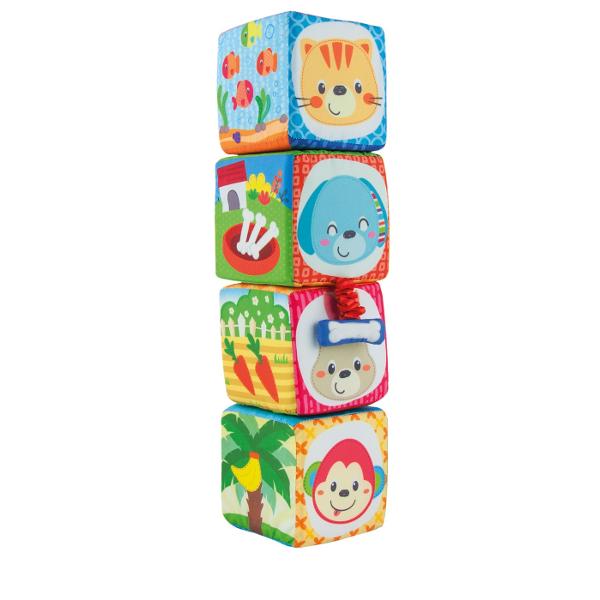 Setul de 4 cuburi de stivuit multicolore din material textil perfect pentru bebelusi Aceste cuburi moi si placute la atingere ofera ore intregi de distractie garantata Fiecare fata a cubului prezinta o noua activitate captivanta pentru cei mici Unul dintre cuburi are functie de vibratie altul include o oglinda speciala sigura pentru bebelusi ceea ce adauga un plus de atractie si explorare Cuburile pot fi stivuite cu usurinta iar materialul moale din care sunt confectionate asigura ca 