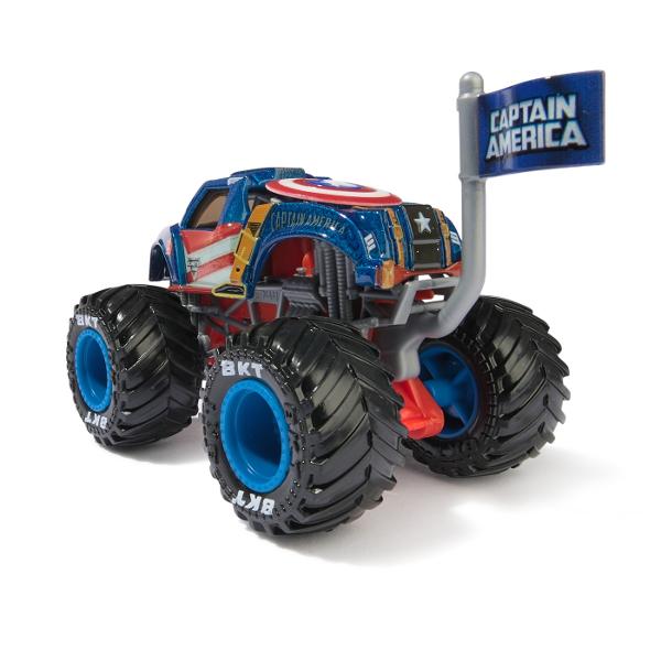 Paseste in universul plin de actiune in care Monster Jam huruie si supereroii Marvel se inalta Seria de camioane vopsite Marvel Monster Jam la scara 164 nu este doar o colectie Este un omagiu adus Universului Marvel Aceste camioane de tip monster truck inscriptionate cu simbolurile si culorile unor embleme precum Thor Captain America Iron Man Black Panther si Spider-Man aduc acasa spectacolul superputerilor si al cascadoriilor de pe stadion Cu anvelope autentice BKT si o caroserie cu 